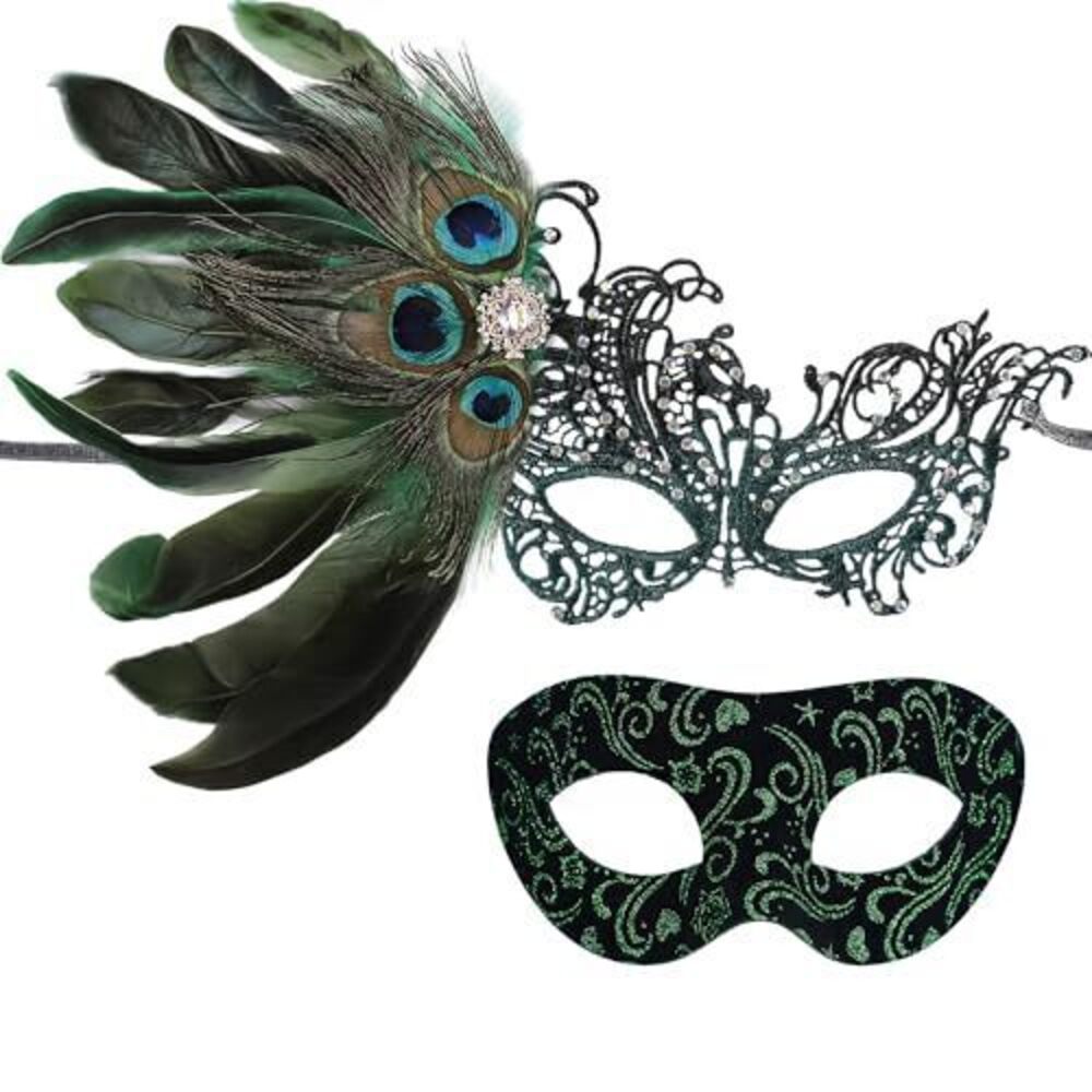 4714 Green Masquerade Mask for Couple - 2 Pcs Halloween Peacock Feathers